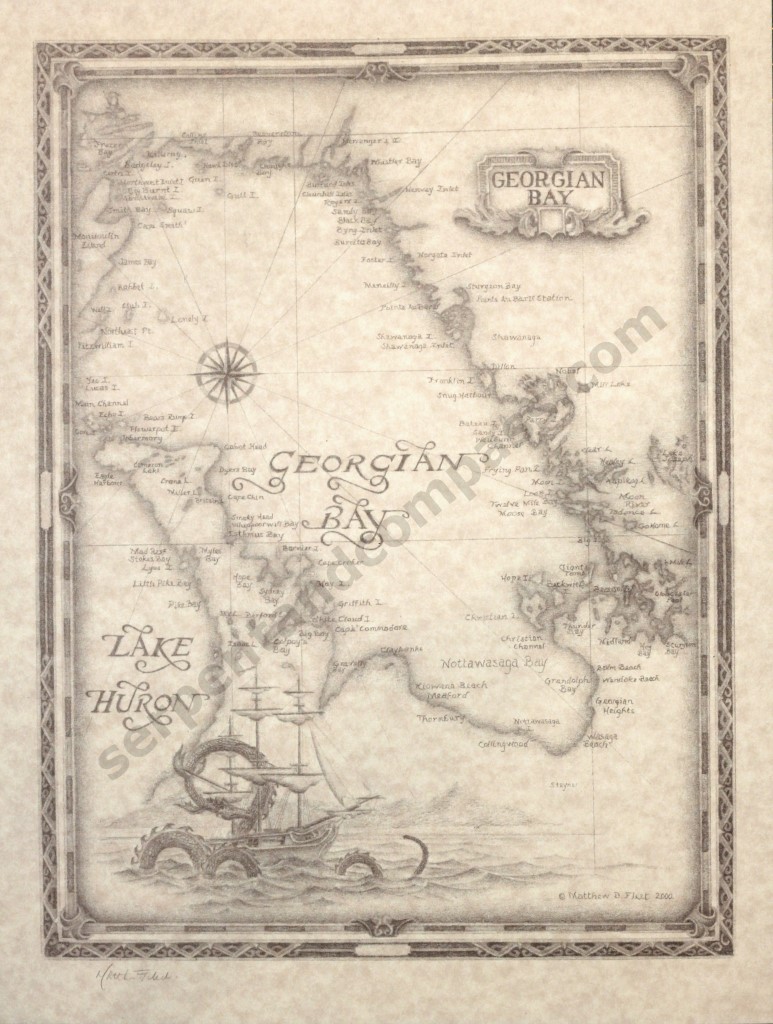 Antique themed map of Georgian Bay drawn in graphite